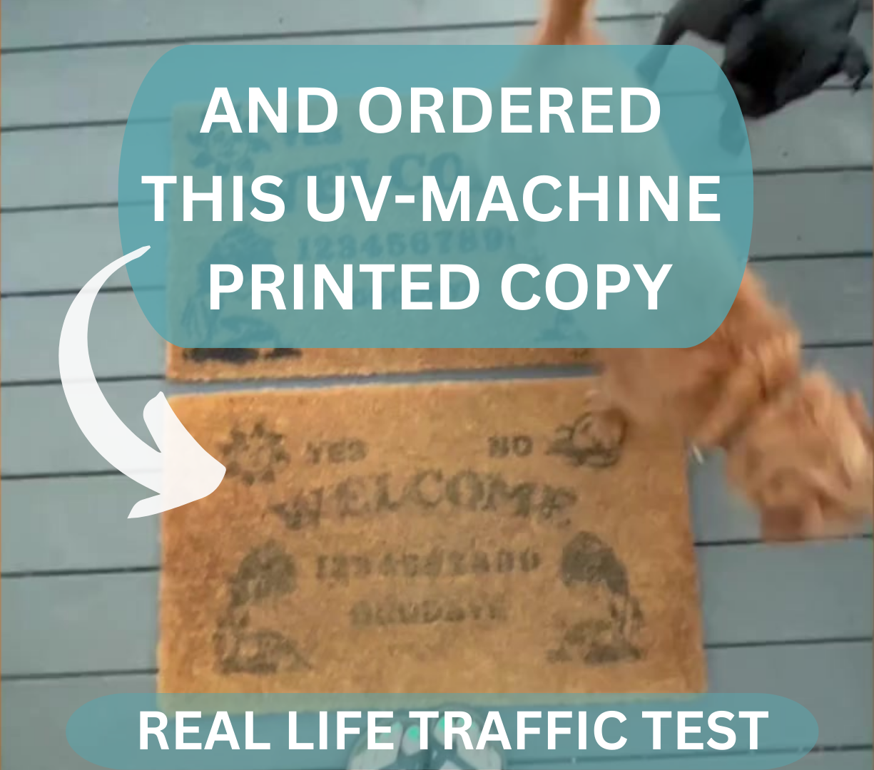 hand painted doormat against a UV machine printed doormat traffic test